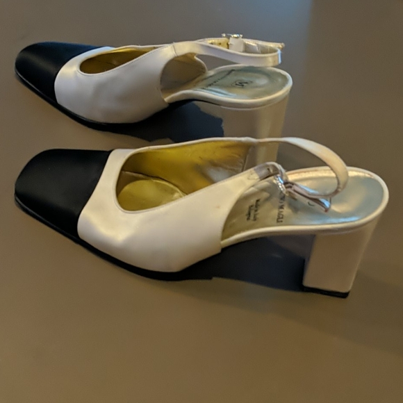 DONATED -Bruno Magli Satin Cream/Black Slingback Heels, Classic, Preppy, Italian - Picture 2 of 7